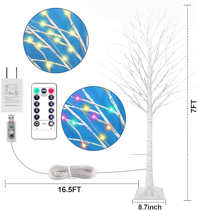 7FT Lighted Birch Tree with 170 LED Warm White and Multicolor Lights, 8 Modes, Timer Remote Faux Light Up Twig Christmas Tree for Indoor Outdoor Xmas Holiday Party Garden Decoration (2 Pack)