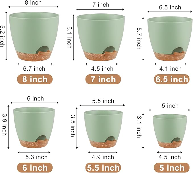 Plant Pots 8/7/6.5/6/5.5/5 Inch Self Watering Pots, Set of 6 Plastic Planters with Drainage Holes and Saucers,Plastic Flower Pots,Nursery Planting Pot for Indoor Out Door Plants（Green）