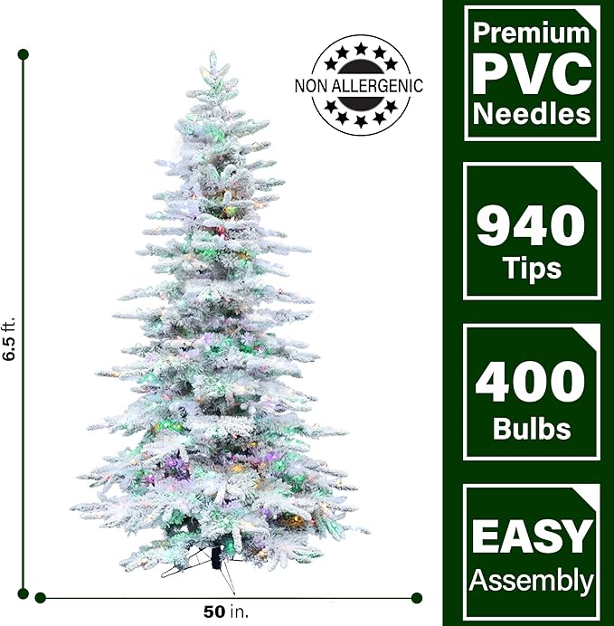 Fraser Hill Farm 6.5-Ft. Pine Valley Flocked Artificial Christmas Tree with Dual Multicolor & Warm White LED Lights, Prelit Foldable Fake Tree with Realistic Snowy Foliage for Home Decoration