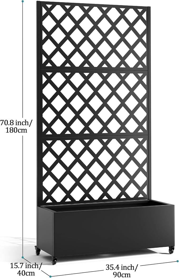 Metal Planter Box with Trellis, Planter Box with Privacy Screen, Privacy Trellis Outdoor for Climbing Plants with Drainage Holes, Raised Garden Bed with Wheels