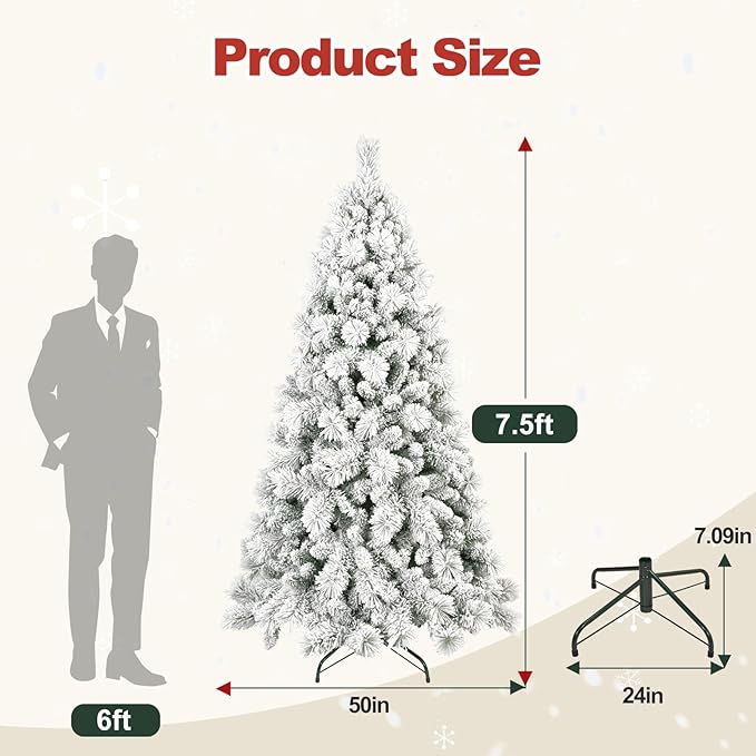 7.5 Ft Unlit Snow Flocked Christmas Tree, Artificial Xmas Tree with 1252 PVC/PE Realistic Branch Tips, Metal Stand Decor for Holiday, Party, Home Easy to Assemble
