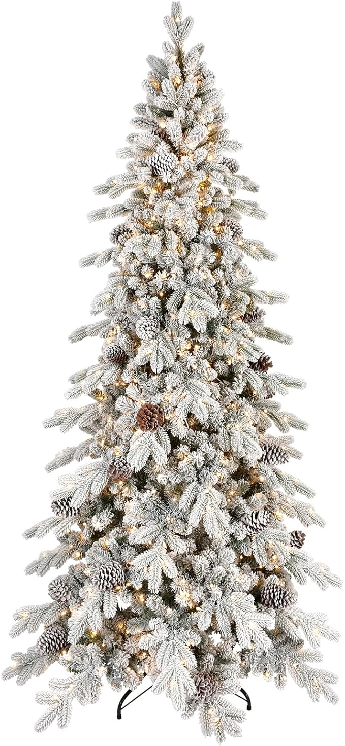 8 FT Pre-Lit Snow Flocked Slim Fir Christmas Tree with 1634 PE & PVC Mixed Branch Tips,Artificial Skinny Pencil Xmas Tree with 1000 Warm-White Lights & 44 Pine Cones,Hinged Pine Tree with Metal Stand