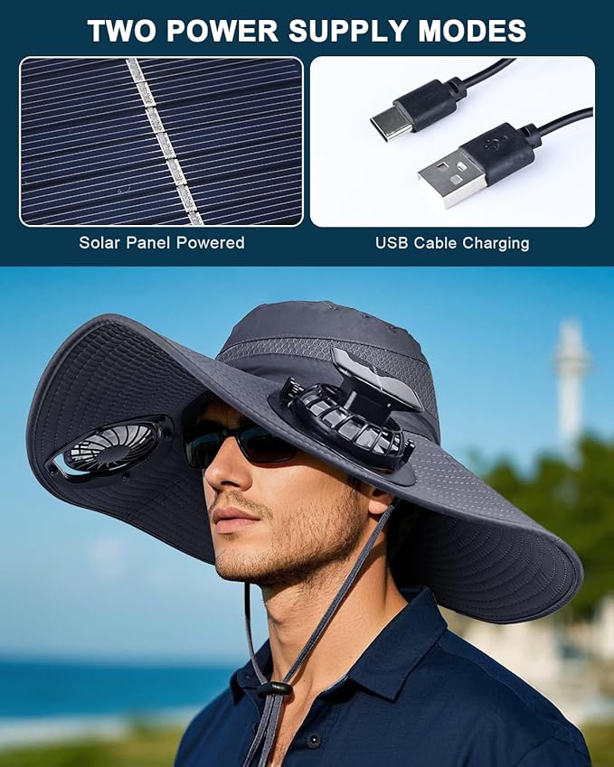 Wide Brim Sun Hat with 2 Solar Fan, Sun Bucket Hat for Men Women, UPF 50+ Bucket Fishing & Beach Hat with Fan