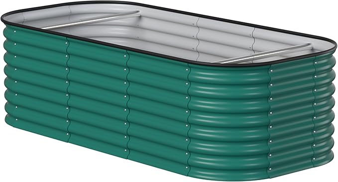 MUPATER 9-in-1 Galvanized Steel Planter Box, 24''H Modular Garden Bed Outdoor with 2 Aluminum Support Rods, 6x3x2FT Raised Garden Bed Kit Oval for Herbs, Vegetables and Flowers, Garden, Green