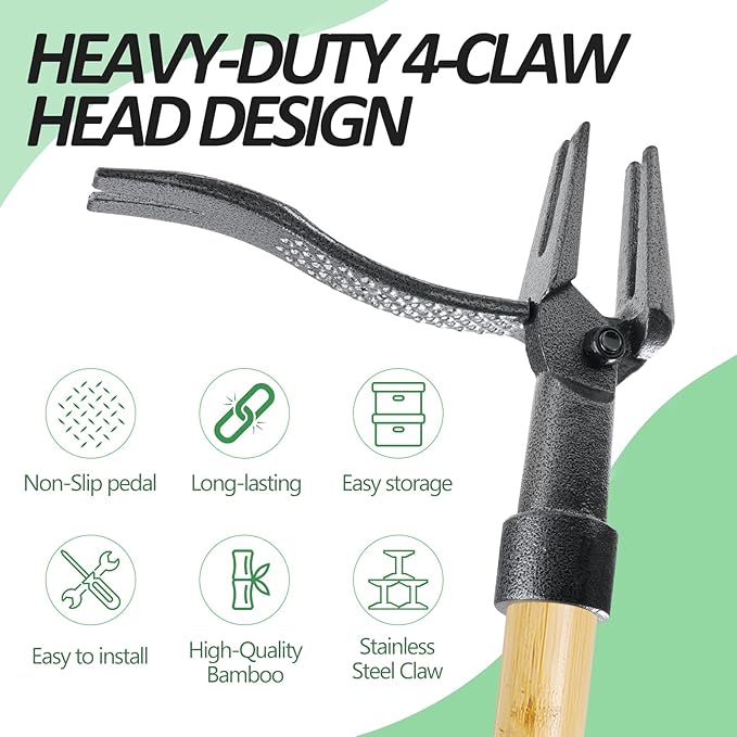 Weeder - Stand Up Weed Puller Tool with Long Handle - Real Bamboo & 4-Claw Steel Head Weeder Tool, Weeding Tool Weed Remove Tool for Lawn/Yard,Easily Remove Weeds Without Bending or Kneeling