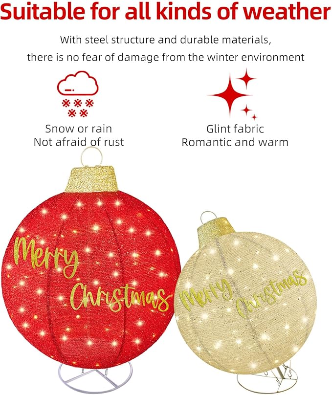 HOYECHI 2pc Lighted Pop-Up Outdoor Christmas Ornament Set – Holiday Ball Decorations with 200 LED Lights, 8 Lighting Modes, for Yard & Outdoor Christmas Decor - Red/Gold