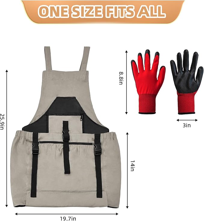 Gardening Apron with Pockets for Women/Man, Canvas Apron with Waterproof Harvest Pouch and Adjustable Straps