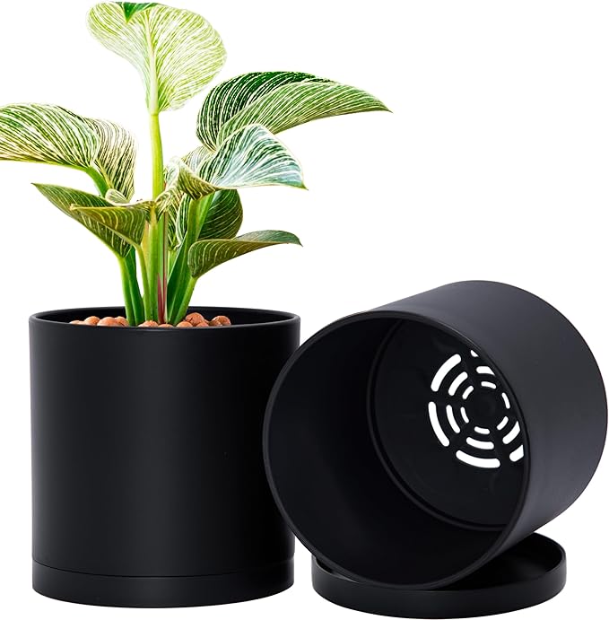 D'vine Dev 2 Pack 6 Inch Modern Plastic Plant Pots, Small Garden Planters for Plant with Drainage Holes and Saucers, Black Color, 74-Y-J-1