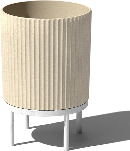 Veradek Demi Series Round Planter w/Stand for Porch/Patio | Durable Plastic-Stone Composite & Wooden Stand | Modern Décor for Tall Plants, Flowers