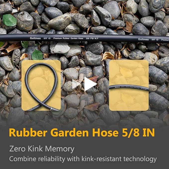 50FT 5/8 Heavy Duty Rubber Garden Hose - 200psi Working, 1000psi Burst - Hot/Cold Water - Five-Layered Braiding for Durability - Versatile for Gardening, Agriculture, Construction(Black)