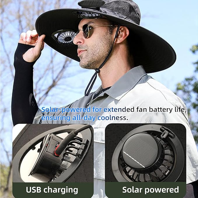 Solar Fan Hat Wide Edge Outdoor, Waterproof Solar Powered Fan Hat with 2 Solar Fan for Men Women, Lightweight Cooling Hats with Detachable and 3-Speed Adjustable Solar Fan Black