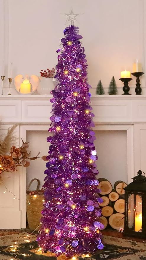 HMASYO 5 FT Pop Up Christmas Tree with Timer Lights, Purple Christmas Tinsel Tree, Collapsible Artificial Pencil Christmas Tree for Indoor Home Apartment Porch Holiday Party Decorations