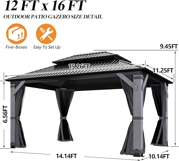 GARTOO 12' x 16' Outdoor Wood Gazebo - Permanent Wooden Hardtop Gazebo Pavilion with Double Curtains, Galvanized Steel Roof Cedar Wood Gazebos for Poolside, Garden, Lawn, Backyard Deck