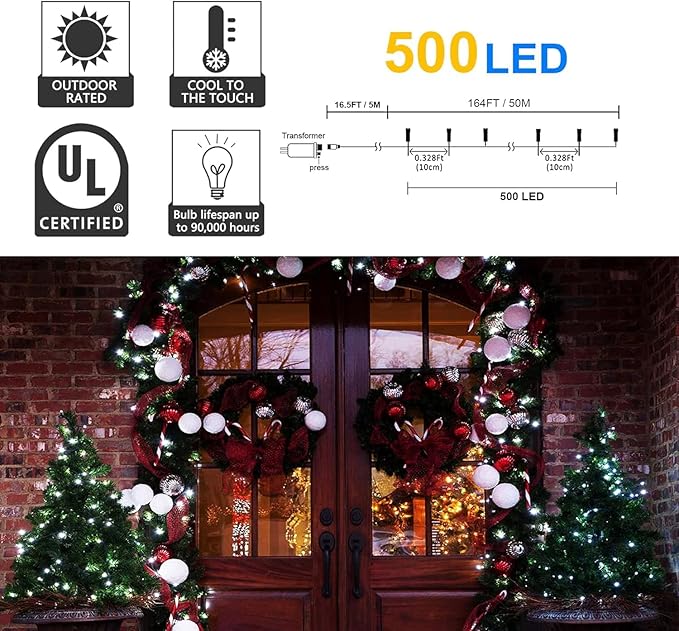 kemooie 500 LED Christmas String Lights, 164FT 8 Lighting Mode with Memory Plug in Green Wire Waterproof Lights, for Outdoor Indoor Birthday Christmas Wedding Party Garden Balcony Decorations (White)