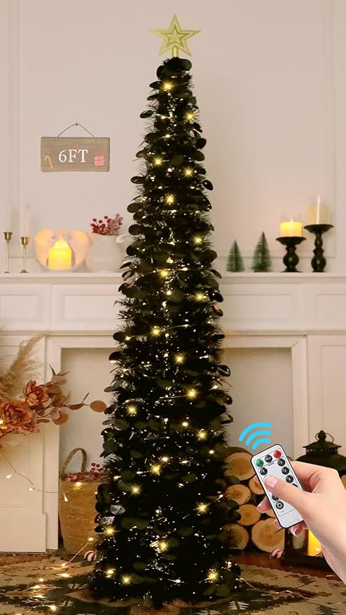 HMASYO 6 FT Pop Up Christmas Tree with 100 LED Lights & Remote, Black Christmas Tinsel Tree, Collapsible Artificial Pencil Tree for Home Office Party Decor, USB Powered Timer Lights, Easy Assembly