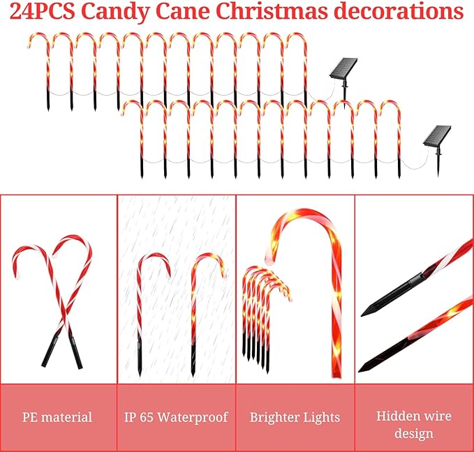 IDEAALS 24-Pack Solar Christmas Candy Cane Lights, Solar Pathway Lights Waterproof, Christmas Decorations Outdoor with 8 Modes for Party Patio Garden Lawn Yard Decor