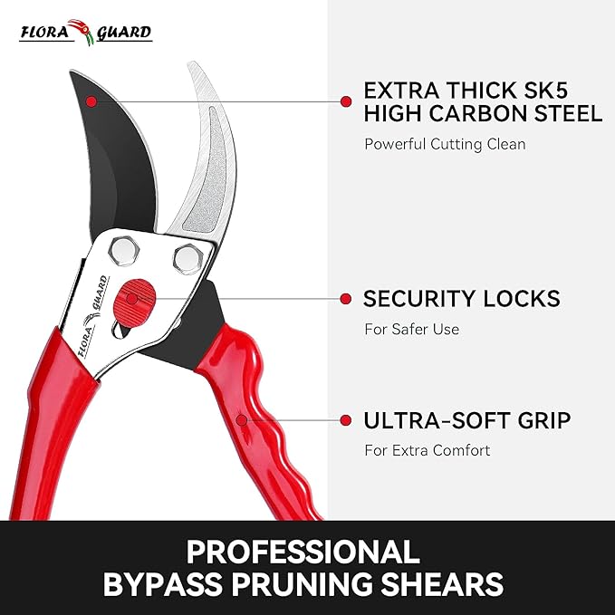 Flora Guard Garden Shears 8.5" Bypass Pruning Shears, Professional Ultra Sharp Sk5 Steel Garden Clippers, Heavy Duty Plant Cutting Scissors Tools Supplies, Hedge Branch Trimmer, Super Durable