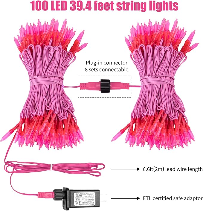 Pink Mini Christmas Lights - 39 Feet 100 LED Fairy String Lights with 8 Lighting Modes Waterproof Connectable for Indoor Outdoor Xmas Tree Garland Wreath Holiday Valentine's Day Decoration