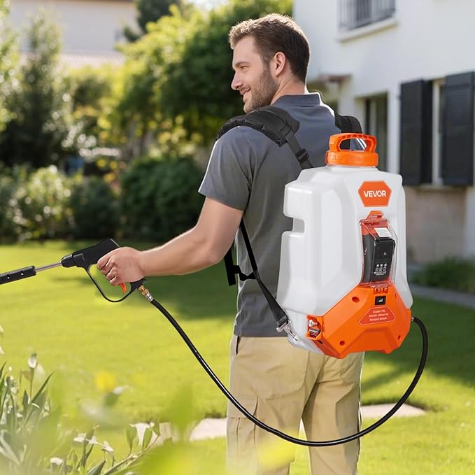 VEVOR Battery Powered Backpack Sprayer, Electric Back Pack Sprayer 4 Gallon, 2 Wands & 8 Nozzles, Adjustable 0-90 PSI, 4H Runtime, Portable Lawn & Garden Sprayers for Weeding, Spraying, Cleaning
