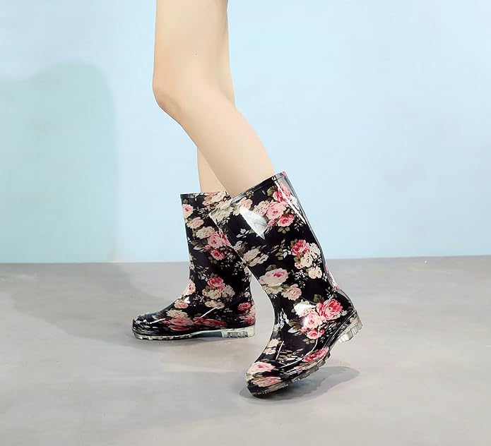 Womens Rain and Garden Boot Half Calf Rubber Rainboots Floral Printed Waterproof for Garden Women rain Footwear