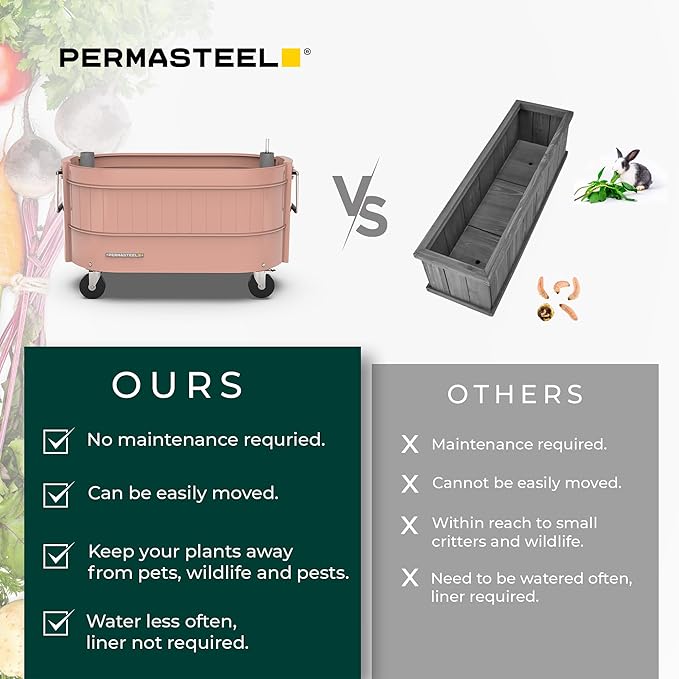 Permasteel Self-Watering Garden Bed, Rolling Planter for Vegetables, Flowers, Herbs, and Fruit, Outdoor Indoor, Caster Wheels, Pink