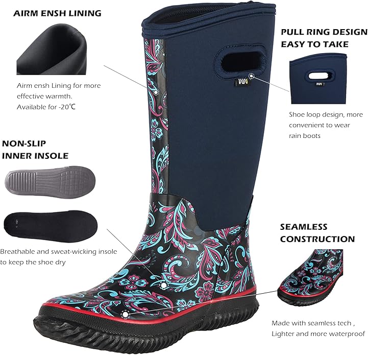 WTW Mid Calf Rain Boots for Women - Waterproof Insulated Neoprene Mud Boots Outdoor Hunting Garden Boots