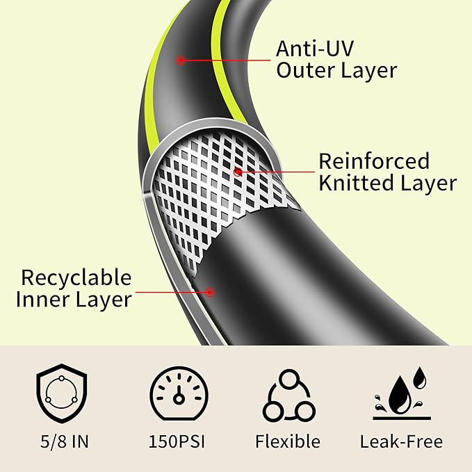 Rubber Garden Water Hose 50ft, 5/8" Leak Proof Garden Hose with Brass Connector, Flexible Hose Pipe for Lawn, Watering Cleaning & Washing