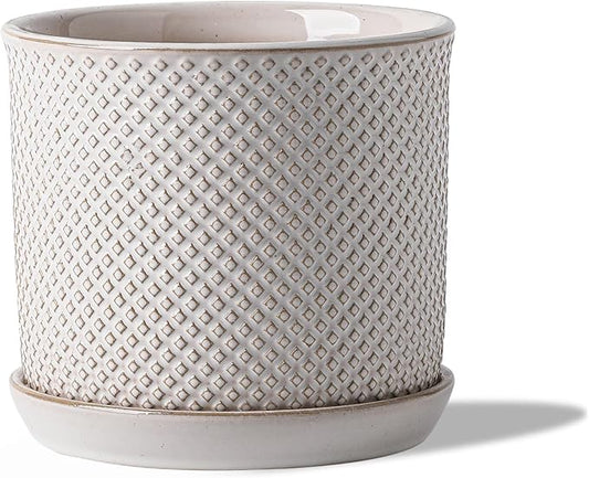 5.8 Inch Plant Pot: Ceramic Planter with Drainage Hole & Saucer for Indoor Outdoor Plants - Flowerpot with Bonded Tray for Home Office - Beaded Embossed Style, Cream White
