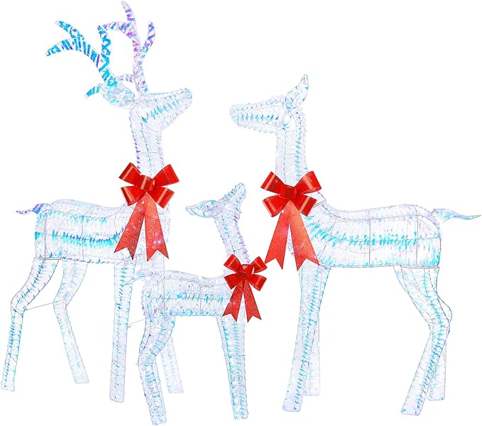 Hykolity 4.5FT 3D Pre-lit Iridescent Christmas Reindeers Family, 3-Piece Lighted Deer Set with 280 LED Lights, Stakes, Zip Ties for Indoor or Outdoor Christmas Decorations