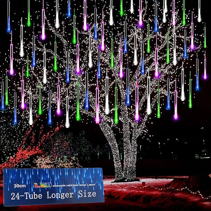 Kwaiffeo Icicle Lights Outdoor, 24 Tubes(Equivalent to Pack of 3 8-Tube) Meteor Shower Lights for Xmas Halloween Decorations Yard Party Tree, Multi Color(Purple Blue Green White)