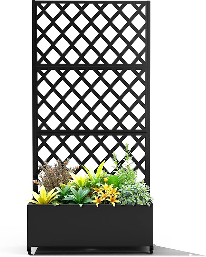 Metal Planter Box with Trellis, Planter Box with Privacy Screen, Privacy Trellis Outdoor for Climbing Plants with Drainage Holes, Raised Garden Bed with Wheels