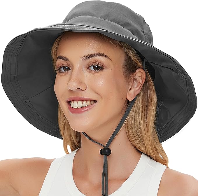 Sun Hats for Women Men UV Protection Wide Brim Bucket Hat with Ponytail Hole Waterproof Gardening Fold-Up Summer Cap