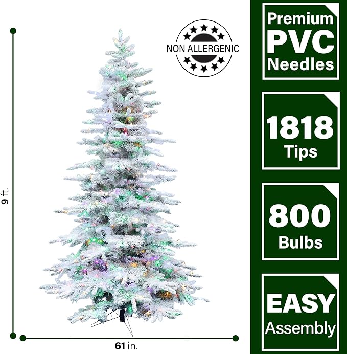 Fraser Hill Farm 9-Ft. Pine Valley Flocked Artificial Christmas Tree with Dual Multicolor & Warm White LED Lights, Prelit Foldable Fake Tree with Realistic Snowy Foliage for Home Decoration