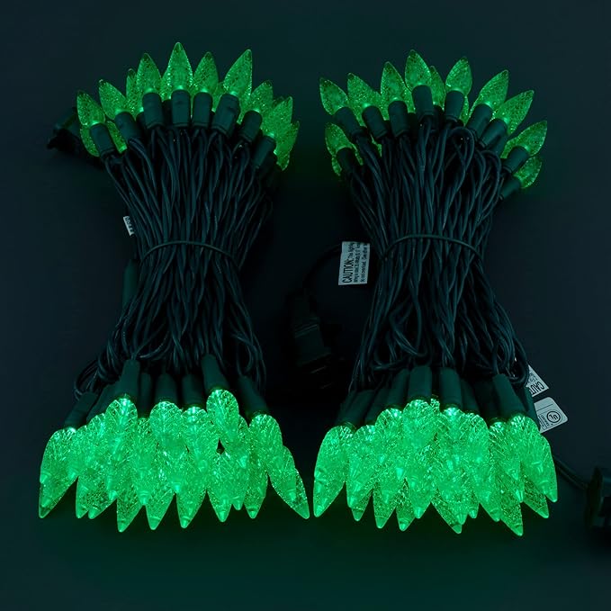 YULETIME Green One-Piece C6 Strawberry Christmas Lights 140 Count 71 Feet, 2 Sets 70 LED 35.5 ft High Waterproof UL Certified String Light (Green)