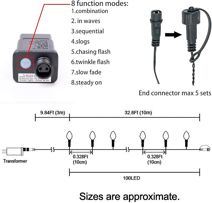 AWQ 100LED 33 FT C6 Christmas String Lights Plug in Fairy Twinkle String Lights 8 Modes Timer Function Waterproof Extendable for Indoor Outdoor Wedding Party Christmas Decoration (100, Warm White)