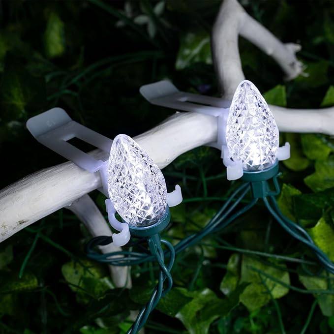 C9 LED Christmas Lights Outdoor, 68 Ft 100 LED C9 String Light with 100 All in One Clips, Connectable Waterproof Christmas Tree Lights for Outside Roofline Backyard Garden Decor, Pure White 2 Pack