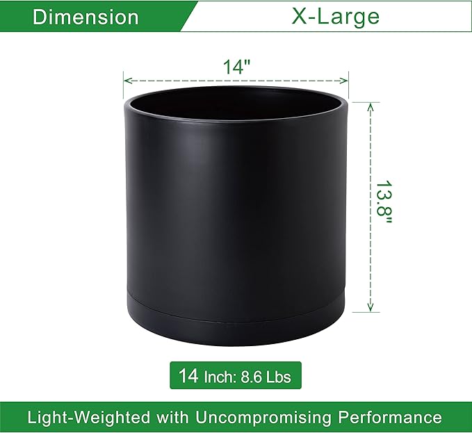 D'vine Dev 14 Inch Black Plastic Planter Pots for Plant Pot with Drainage Hole and Seamless Saucers, 74-X-B-4