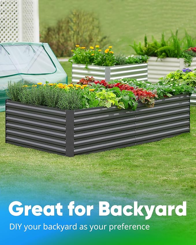 Quictent Galvanized Raised Garden Bed 8x4x2 Ft Tall Metal Planter Box for Vegetables Bottomless for Backyard, 2 Tomato Cages Included, 22.04" Deep, Dark Grey