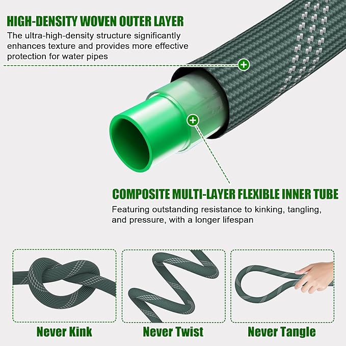 50 ft Garden Hose, 2025 Upgarded Flexible Water Hose 50ft With 10-Pattern Spray Nozzle, Kink-Free, Lightweight, Durable, Leak-Proof Solid Brass Fittings (DarkGreen)