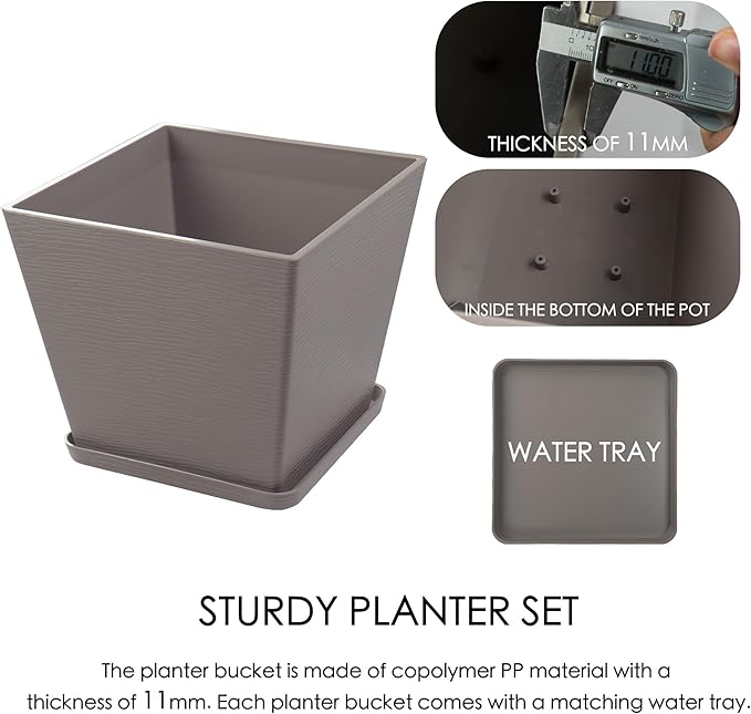 Kozyard 4Packs Taper Planter Indoor Outdoor Plant Pots with Tray Collecting Water for Porch, Patio, Backyard Planters Modern Décor for Tall Plants Flowers GrayishBrown