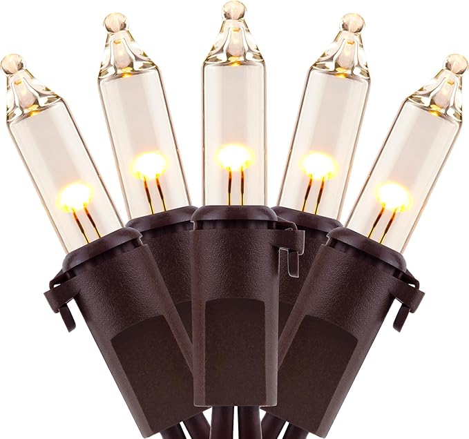 YULETIME 100 Count Clear Warm White Christmas Lights, 33 Feet Brown Wire UL Certified Incandescent-Like LED Mini String Lights