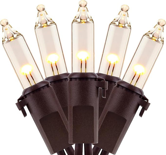 YULETIME 100 Count Clear Warm White Christmas Lights, 33 Feet Brown Wire UL Certified Incandescent-Like LED Mini String Lights