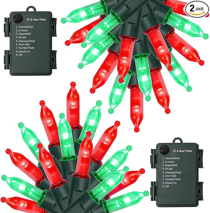 WATERGLIDE 2 Pack 50 LED Outdoor Christmas Lights, 16FT Battery Operated Mini String Lights with 8 Modes & Timer, Xmas Tree Lights Waterproof for Patio Garden Party Wedding Holiday Decor, Red & Green