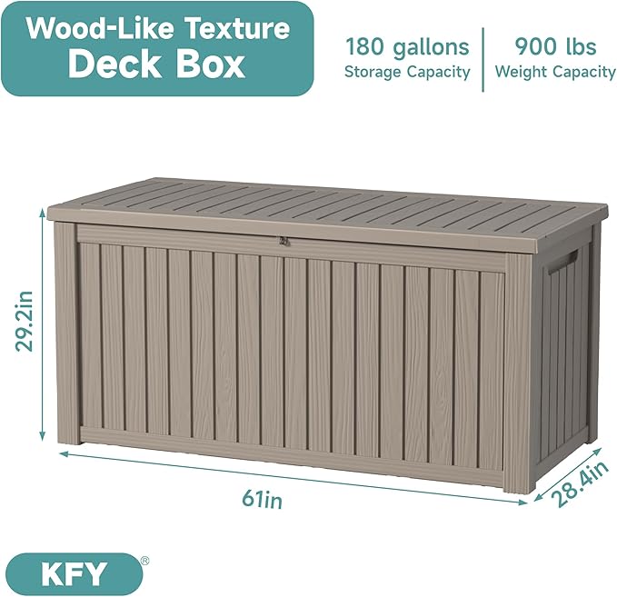 180 Gallon Waterproof Outdoor Storage Box, UV Resistant Resin Deck Box with Hydraulic Rod for Reinforced Stability, Perfect for Patio, Garden, and Pool, Grey