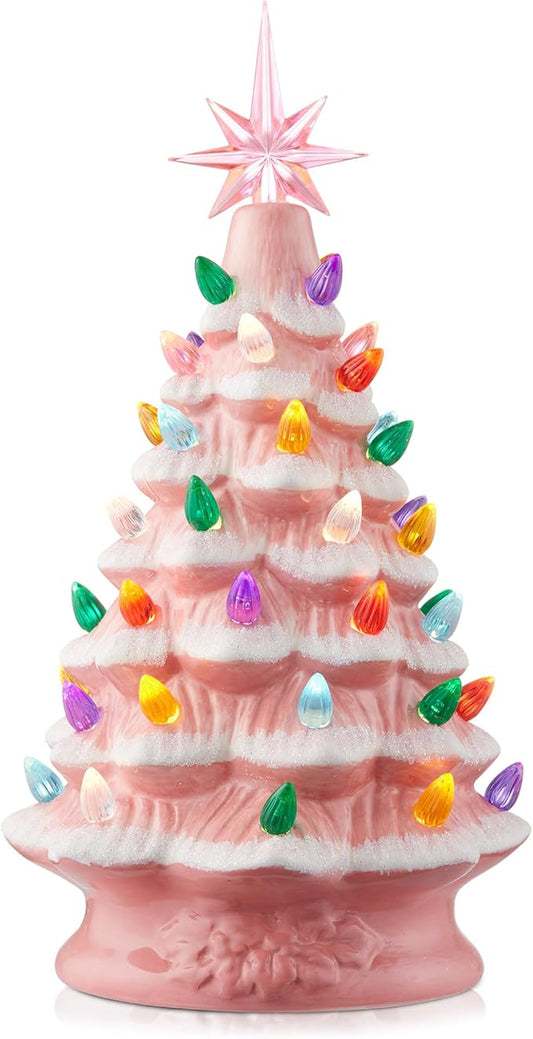 Casafield Hand Painted Ceramic Christmas Tree, Pink Snow Flocked 12-Inch Pre-Lit Tree with 100 Multi Color Lights and 2 Star Toppers