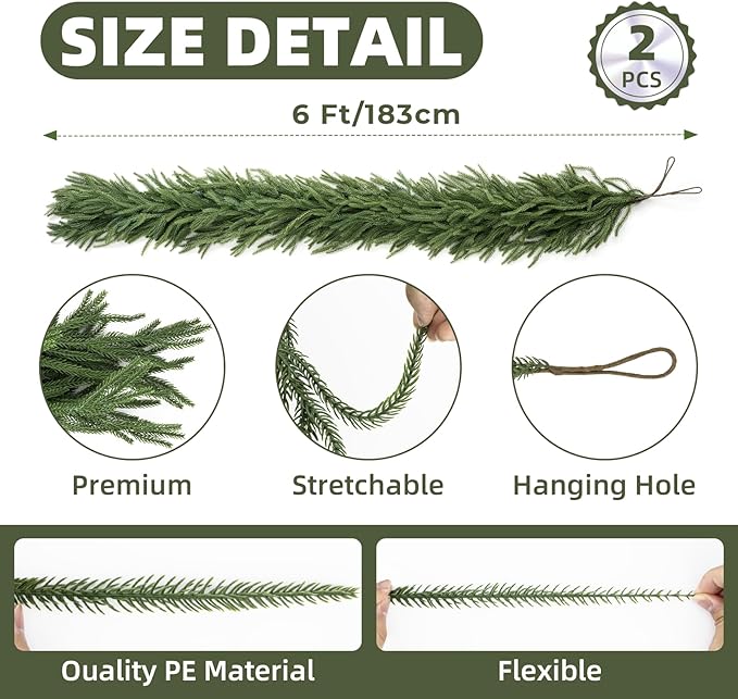 2Pcs 6FT Norfolk Pine Garlands Realistic, Real Touch Winter Xmas Garland, Christmas Decorations Indoor Outdoor, Artificial Holiday Decor Faux Greenery for Mantle, Fireplace, Table