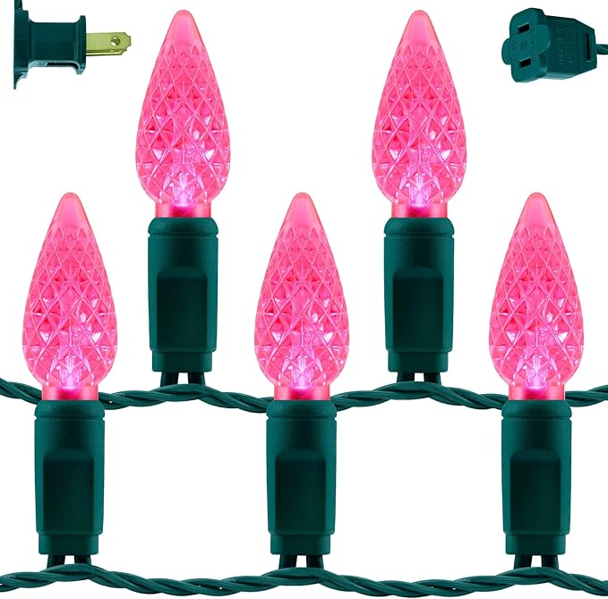 YULETIME Pink C6 Strawberry LED Christmas Lights, 33 ft 100 Count 4" Spacing One-Piece High Waterproof UL Certified String Light (Pink)