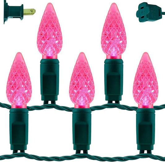 YULETIME Pink C6 Strawberry LED Christmas Lights, 33 ft 100 Count 4" Spacing One-Piece High Waterproof UL Certified String Light (Pink)