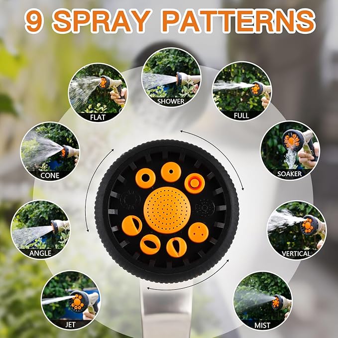 Tesony Garden Hose Nozzle, Heavy Duty Metal Water Hose Sprayer with 9 Adjustable Spray Patterns and Brass Hose Quick Connector, High Pressure Handheld Spray Nozzle Gun for Watering Plants, Car Washing