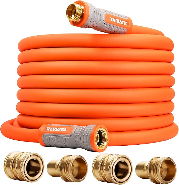 YAMATIC Garden Hose 5/8 in x 50 ft, Ergonomic Swivel Fittings, Burst 600 PSI, Heavy Duty, Flexible and Lightweight Water Hose with 2 Set Quick Connect
